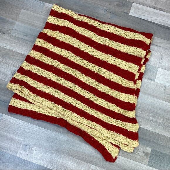 Striped Boucle Knit Afghan Blanket Red Beige Boho 58 x 58 - Picture 1 of 7